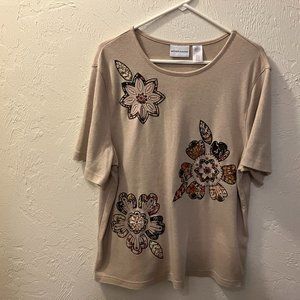 Alfred Dunner Tan Top with Embroidery & Sequins. NWOT